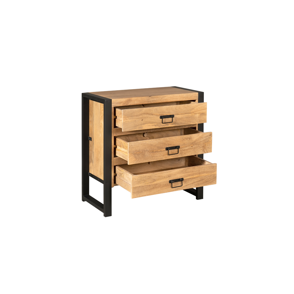 Kommode Bori – Mangoholz mit 3 Schubladen & schwarzem Metall, 80 x 40 x 80 cm