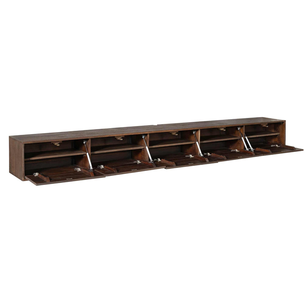 TV-Board Focus Braun schwebend – Massives Mangoholz, grifflos mit Push-to-Open, Wandmontage, 280 x 35 x 30 cm
