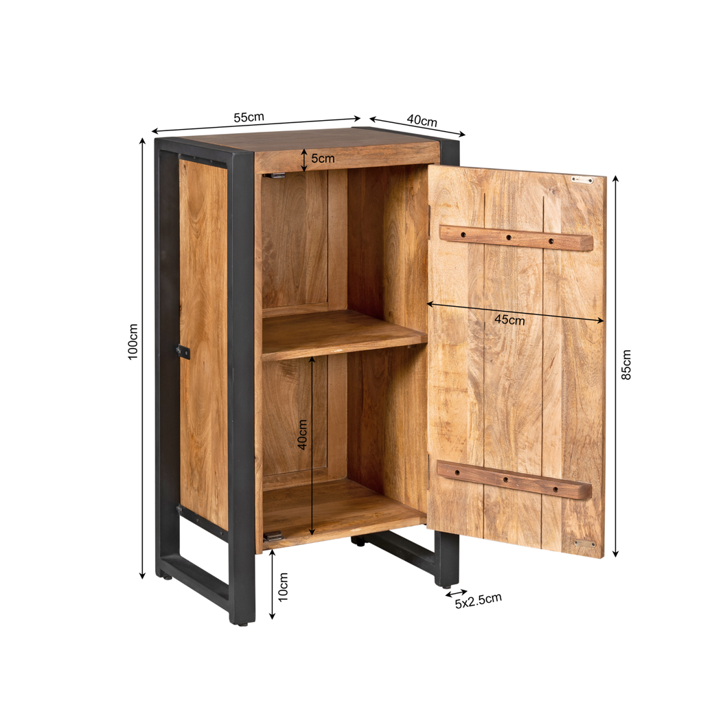 Highboard Bori Natur - aus Mangoholz mit schwarzem Metall – kompakter Schrank, 55 x 40 x 100 cm