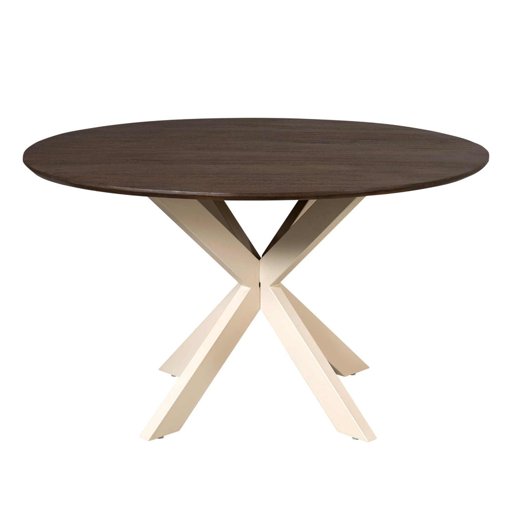 Esstisch Mandy Braun – Runder Tisch aus Mangoholz mit sandfarbenem Metallgestell, Ø150 x 76 cm