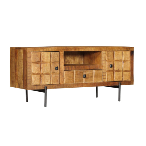 TV Board Jacky – Mangoholz & Metallbein, 120 x 40 x 55 cm, offenes Fach, 2 Türen, 1 Schublade, einzigartiges Design
