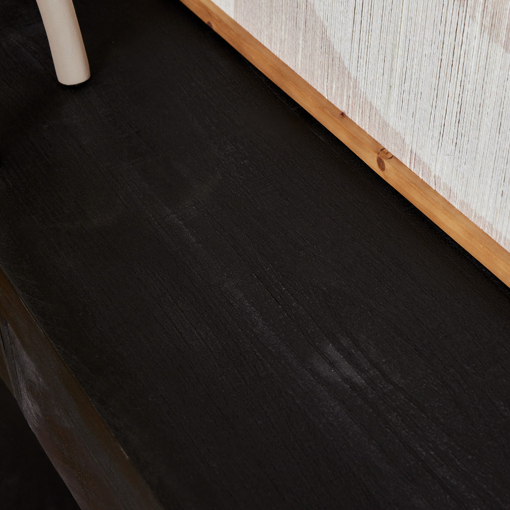 Beistelltisch Bori Schwarz – massives Mangoholz mit Metallgestell und 2 Schubladen, moderner Blickfang für Ihr Zuhause, 120 x 35 x 76 cm