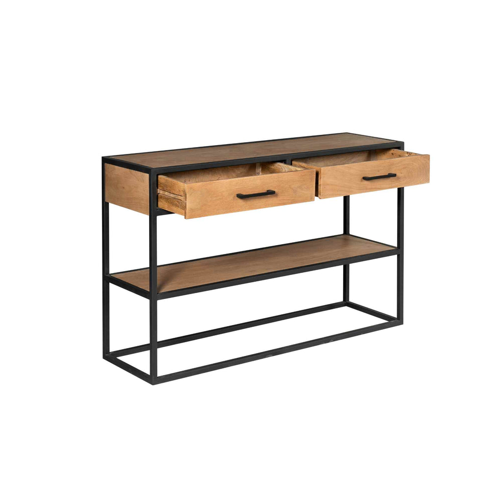 Beistelltisch Delta – Mangoholz & Metall mit 2 Schubladen & Ablage, 120 x 35 x 76 cm
