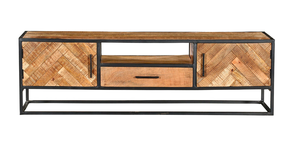 TV-Board Alora – Mangoholz & Metall, Fischgrätmuster, 145 x 45 x 50 cm