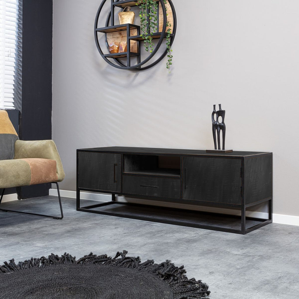 TV-Schrank Denver Schwarz 145 cm | Mangoholz und Stahl