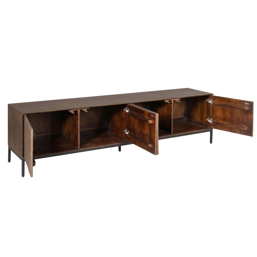 TV-Board Mandy Braun 210 x 45 x 55 cm – Mangoholz mit 4 Türen & Lattenmuster