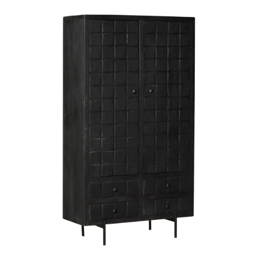 Schrank Jacky Schwarz – Mangoholz-Schrank mit 2 Türen & 4 Schubladen, 100 x 40 x 180 cm