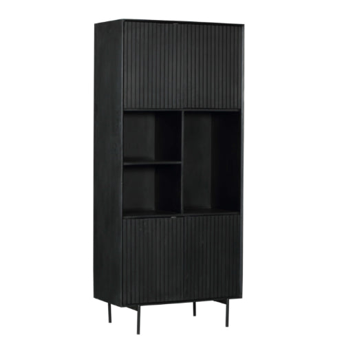 Regalschrank Mandy Schwarz – Mangoholz mit Metallrahmen, 4 Türen & offene Fächer, 90 x 45 x 200 cm