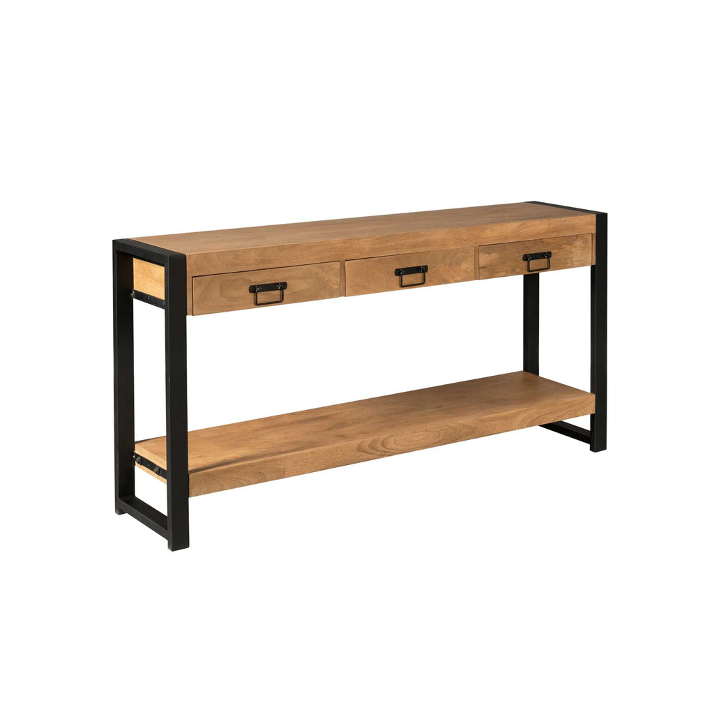 Konsolentisch Bori – eleganter Tisch aus Mangoholz mit schwarzem Metallgestell & 3 Schubladen, 150 x 35 x 76 cm