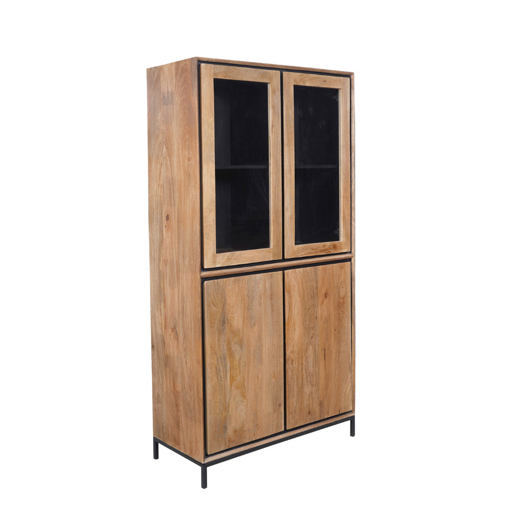 Vitrinenschrank Rois – lackiertes Mangoholz & schwarzer Metallrahmen, 100 x 45 x 200 cm, modernes Design mit Holzstreifen