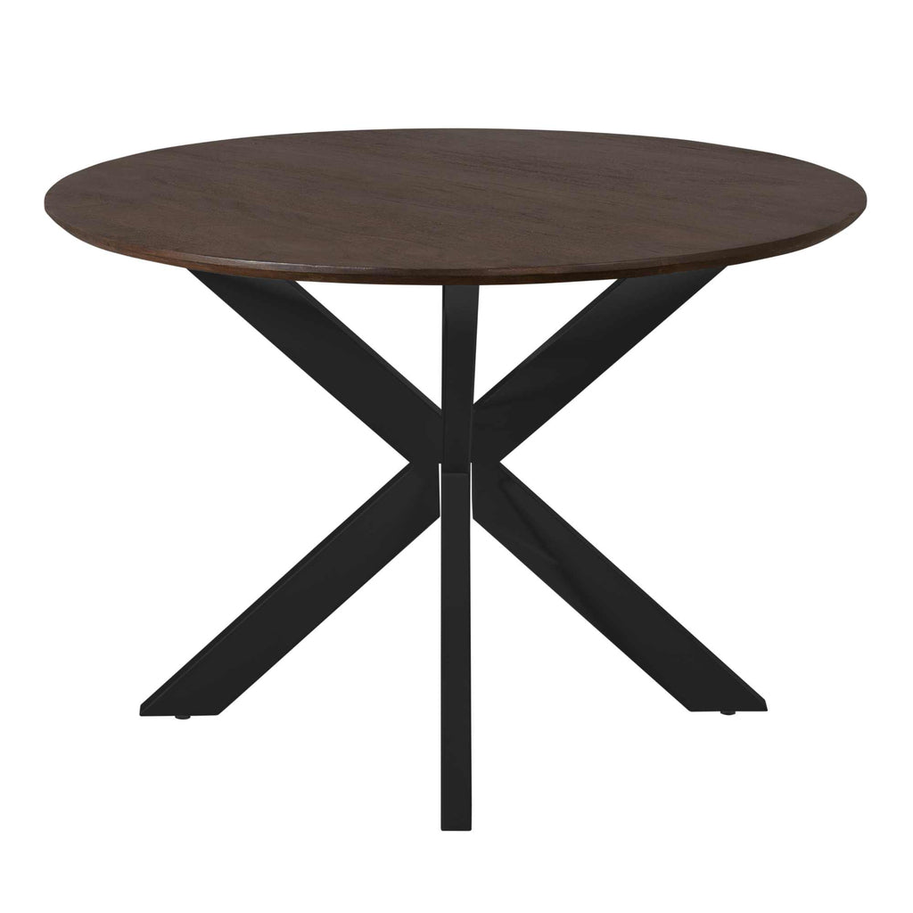 Esstisch Mandy Braun rund – Mangoholz & schwarzes Metall, Ø110 x 76 cm, modernes Design für stilvolle Essbereiche