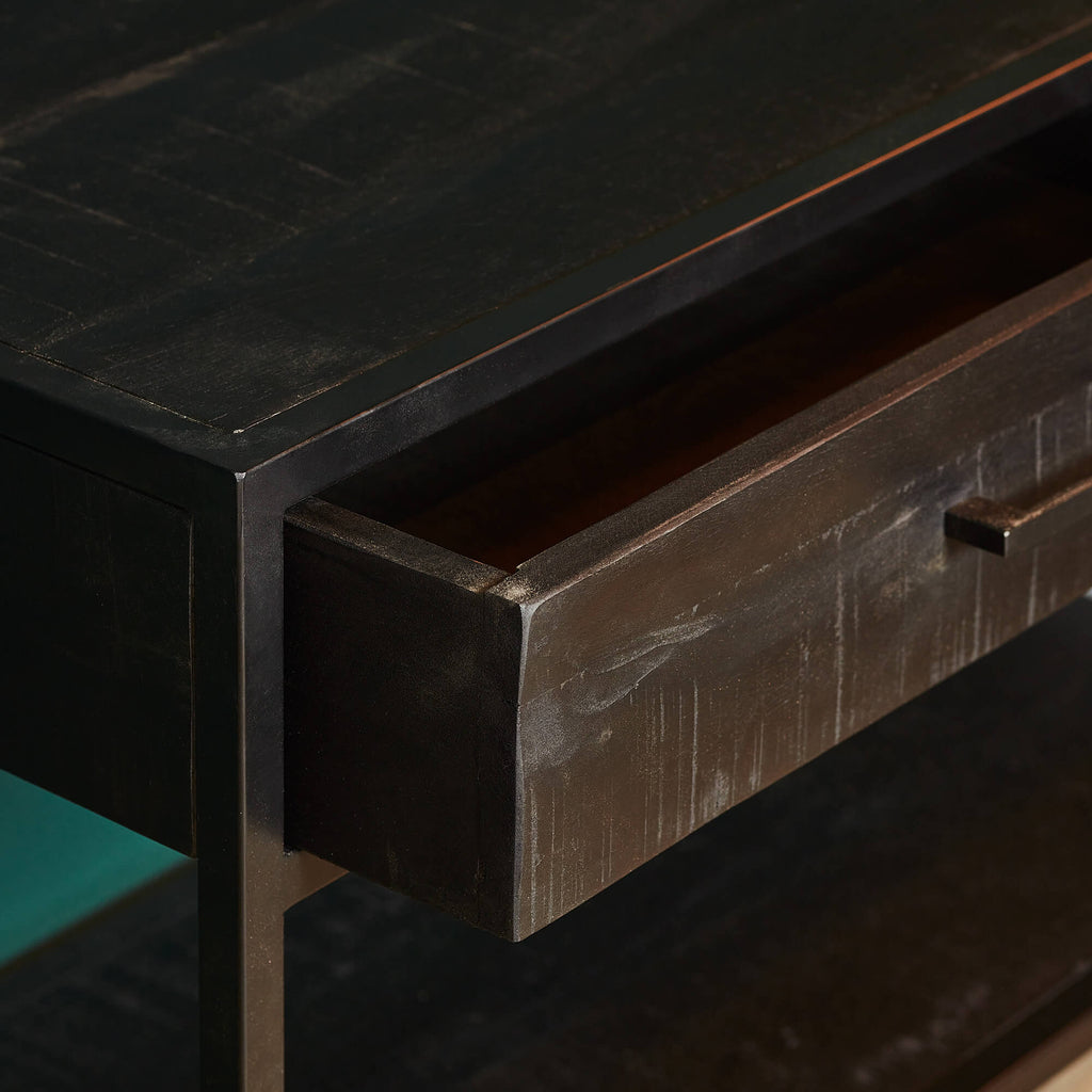Konsolentisch Delta Schwarz – Tisch aus Mangoholz & Metall mit 2 Schubladen, Regalboden & schwarzen Griffen, 120 x 35 x 76 cm