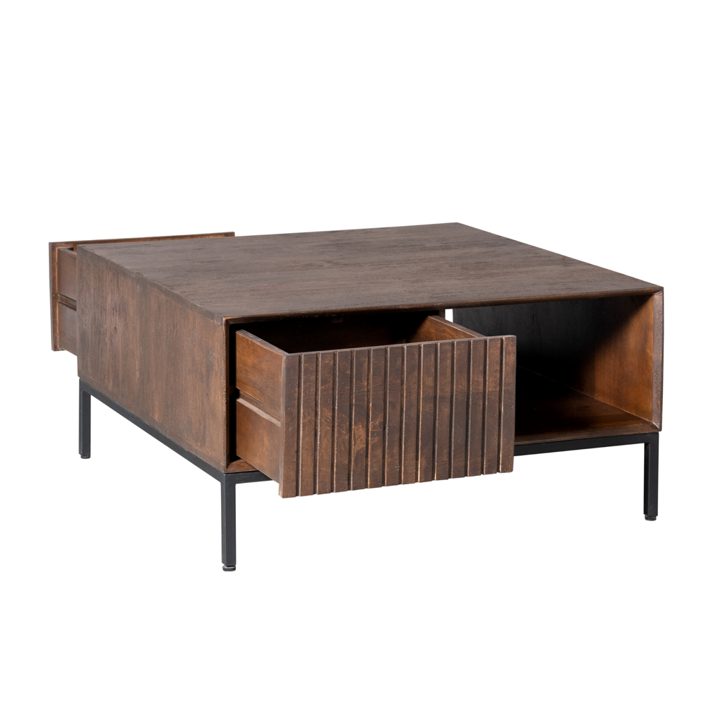 Couchtisch Mandy Brown – Mangoholz, braune Oberfläche, Metallbeine, 80 x 80 x 40 cm, offenes Fach & 2 Schubladen