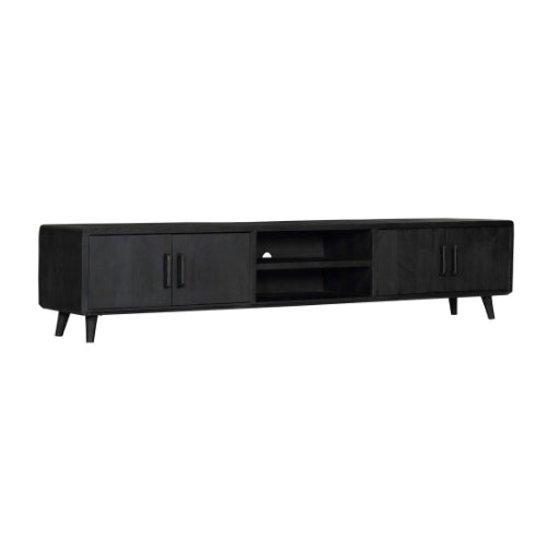 TV-Möbel Raven Schwarz – Mangoholz mit 3 Türen & 2 offenen Fächern, 240 x 45 x 50 cm