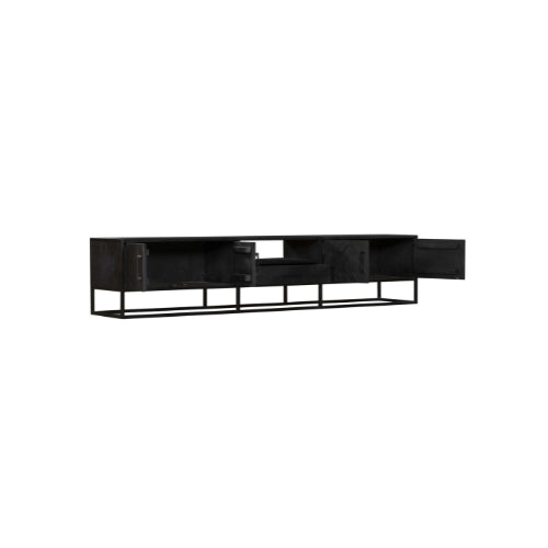 TV Board Sydney Schwarz – Lowboard aus Mangoholz & Metall mit Fischgrätmuster, 4 Türen, 1 Schublade & Fach, 240 x 45 x 50 cm