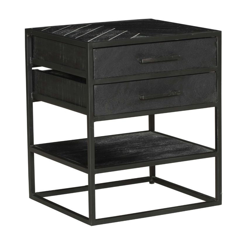 Nachttisch Sydney Schwarz – Beistelltisch aus Mangoholz & Metall mit 2 Schubladen, Fischgrät-Muster & Ablage, 45×40×53 cm