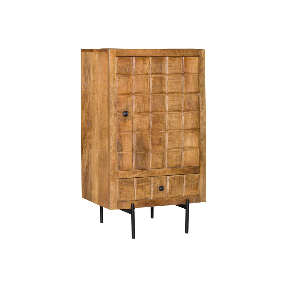 Highboard Jacky – Schrank aus Mangoholz mit geschnitztem Blockmuster & Metallgestell, 1 Tür & 1 Schublade, 60 x 40 x 103 cm