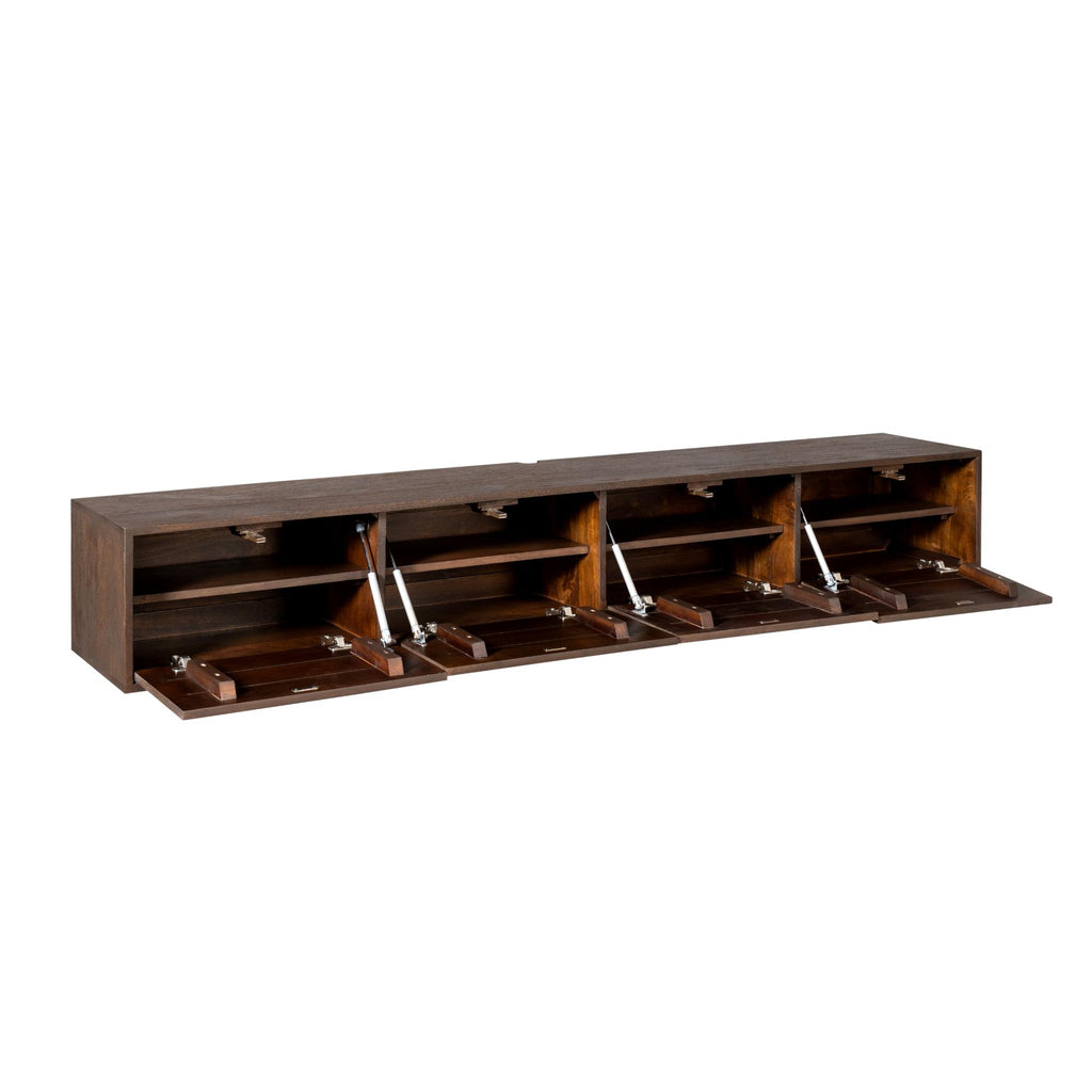 TV-Board Focus Braun – Schwebendes Lowboard aus Mangoholz mit Push-to-Open, 200 x 35 x 30 cm, modernes Wandmöbel