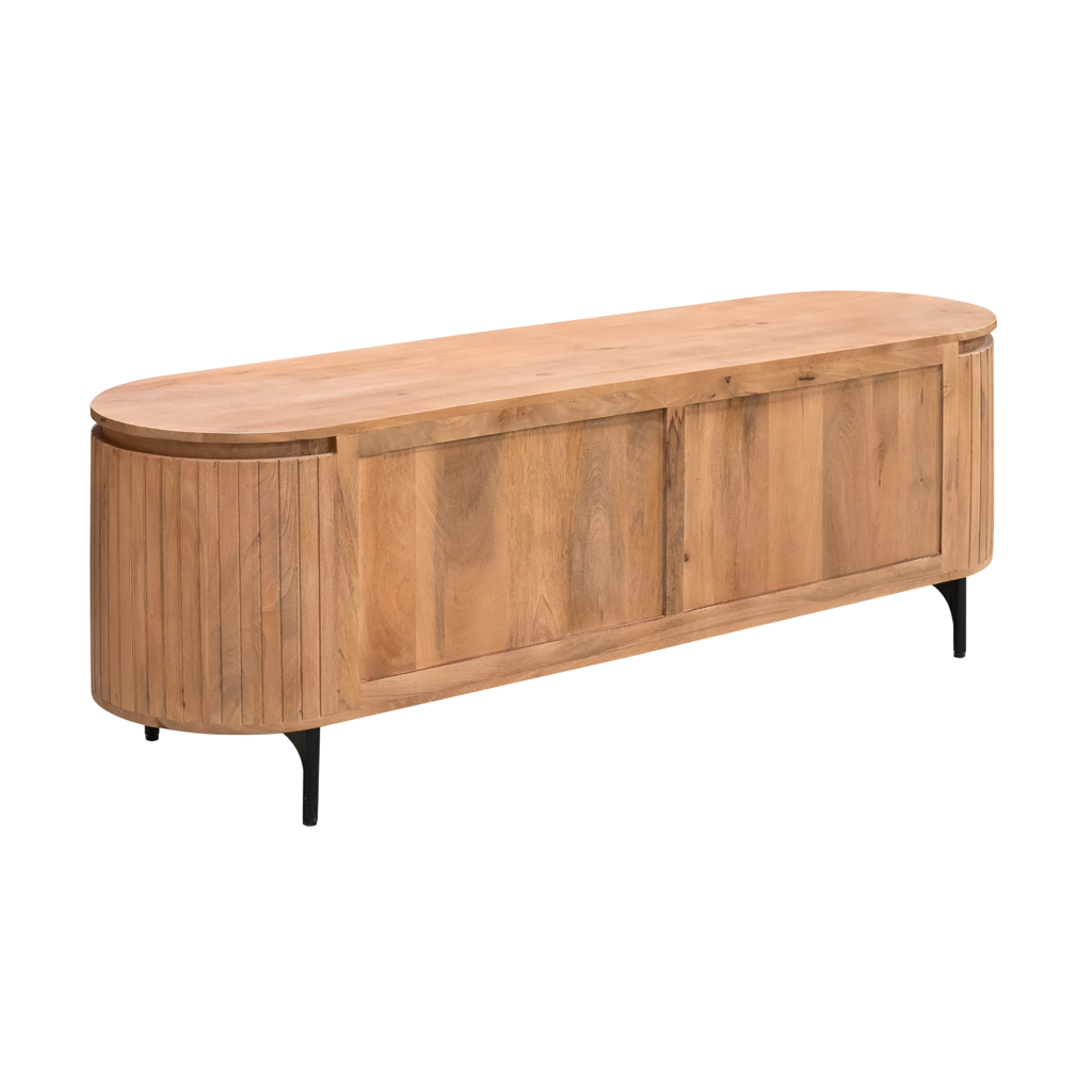 TV-Board Sole – Mangoholz mit vertikalem Lattenmuster, 3 Türen, 165 x 45 x 55 cm, Naturfarben