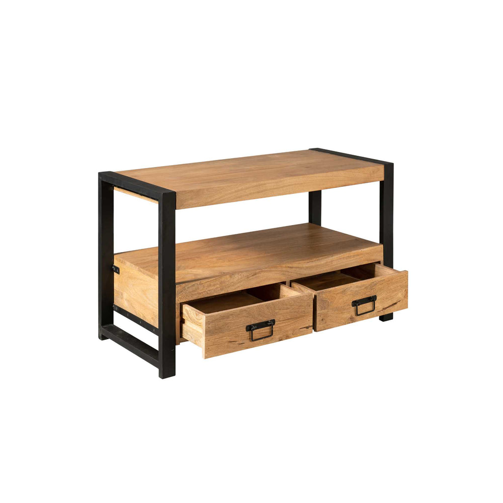 TV-Board Bori – Lowboard aus Mangoholz mit Metallrahmen, 2 Schubladen & offenem Fach, 100 x 45 x 60