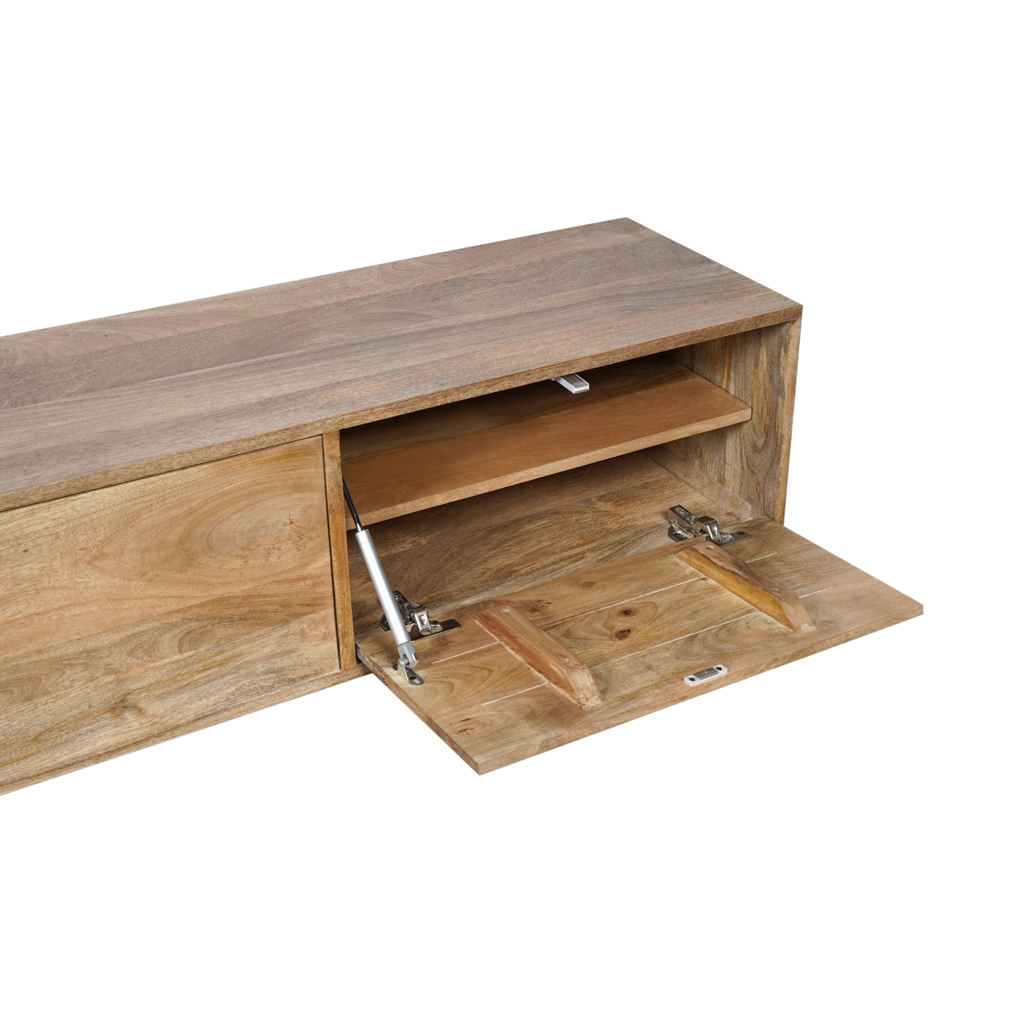 Schwebendes TV-Board Vision 280x35x30 cm – Massives Mangoholz mit Push-to-Open System & grifflosen Türen