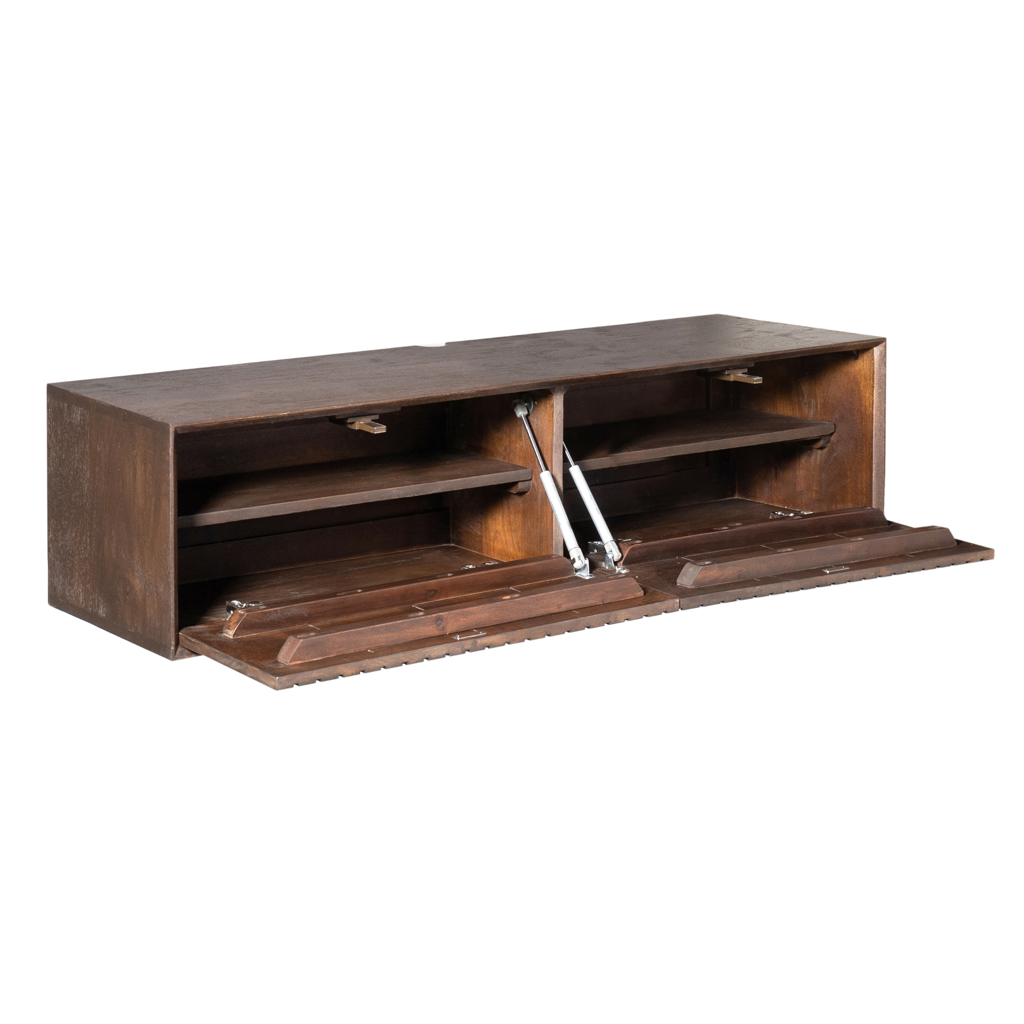 Schwebendes TV-Möbel Mandy Braun – Wand-TV-Board aus Mangoholz mit Lattenmuster & Push-to-Open, 120 x 35 x 30 cm