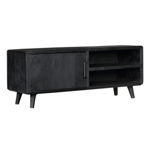TV-Board Raven Schwarz – modernes Lowboard aus massivem Mangoholz mit 2 offenen Fächern & 1 Tür, stilvolles TV-Möbel 120 x 45 x 50 cm