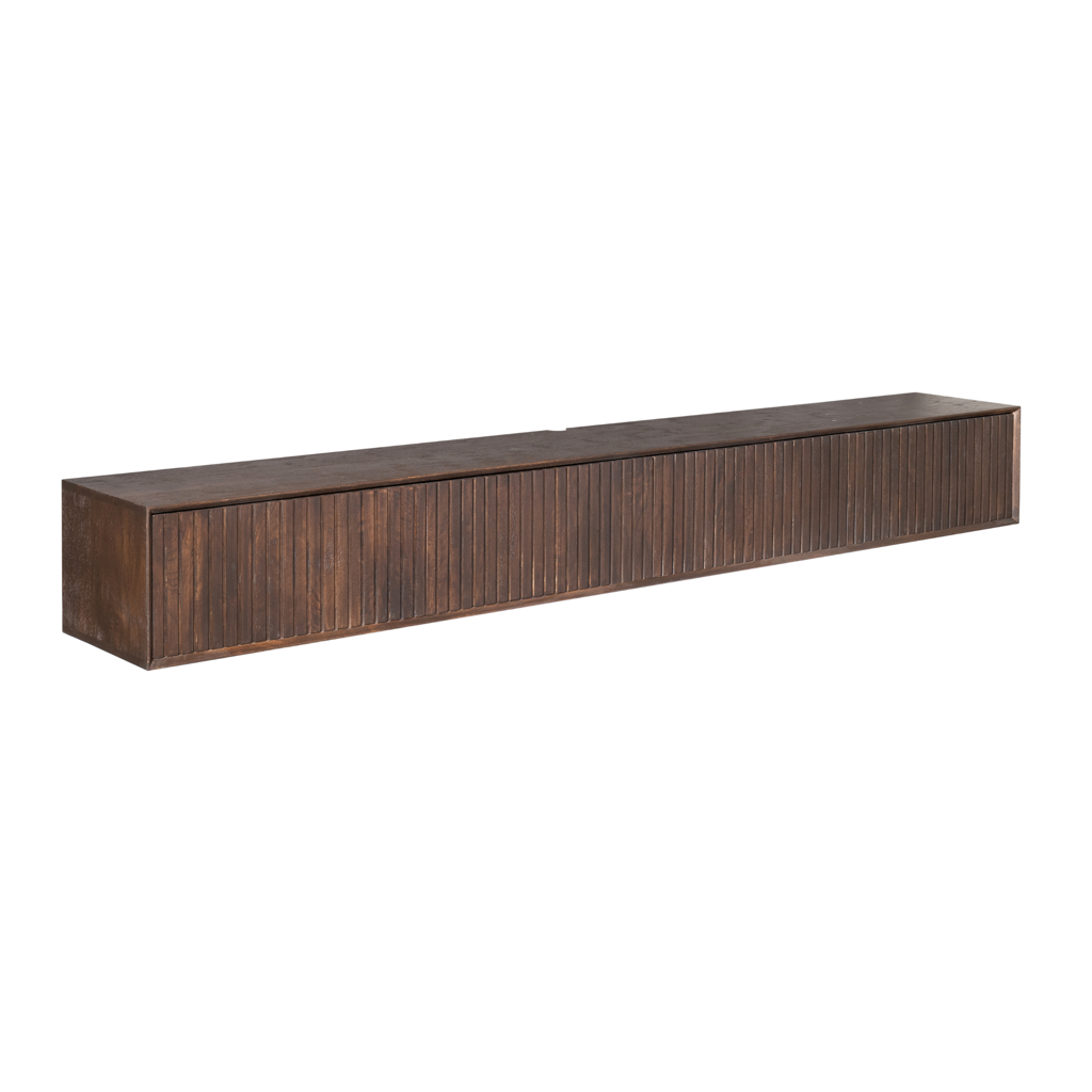TV-Board Mandy Braun – schwebendes Lowboard aus Mangoholz mit Lamellen & Push-to-Open, 200 x 35 x 30 cm