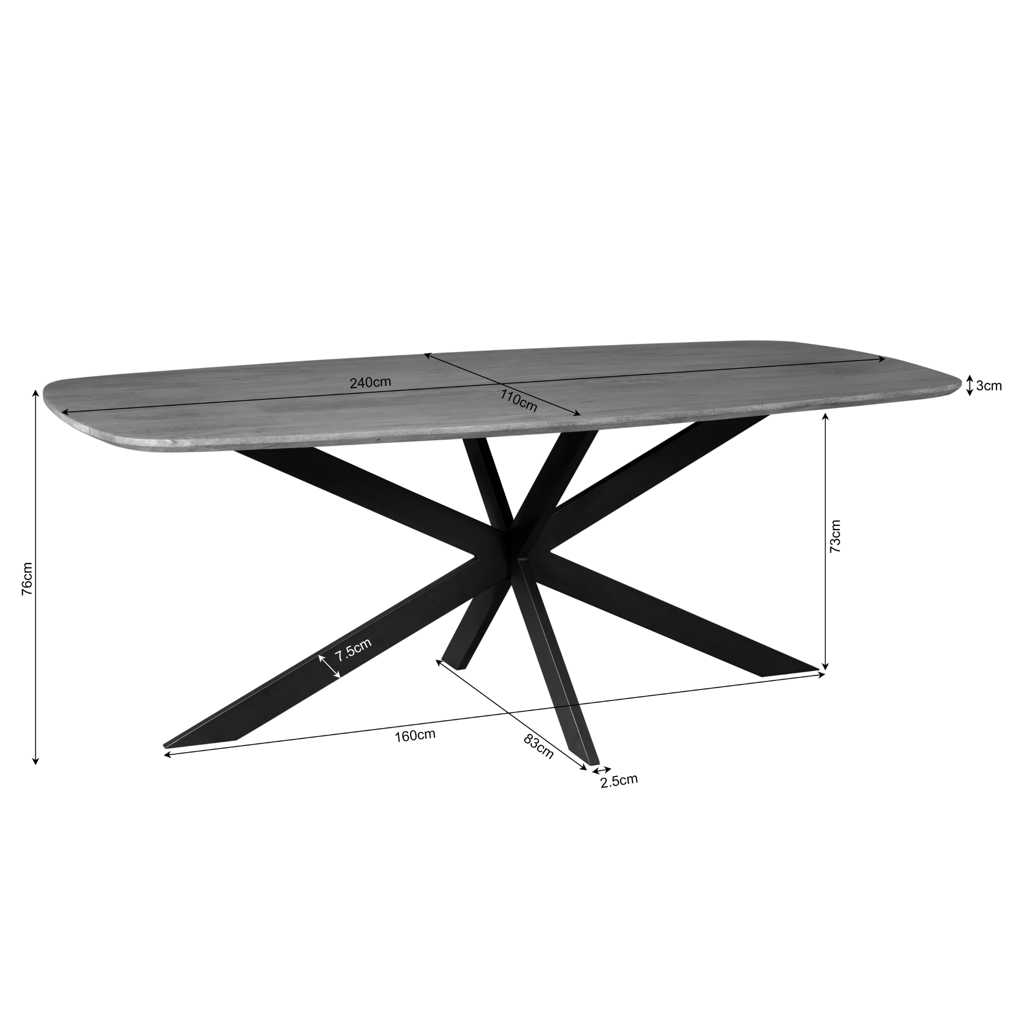 Esstisch Noble – Mangoholz & Metall, Klarlack, 240 x 110 x 76 cm