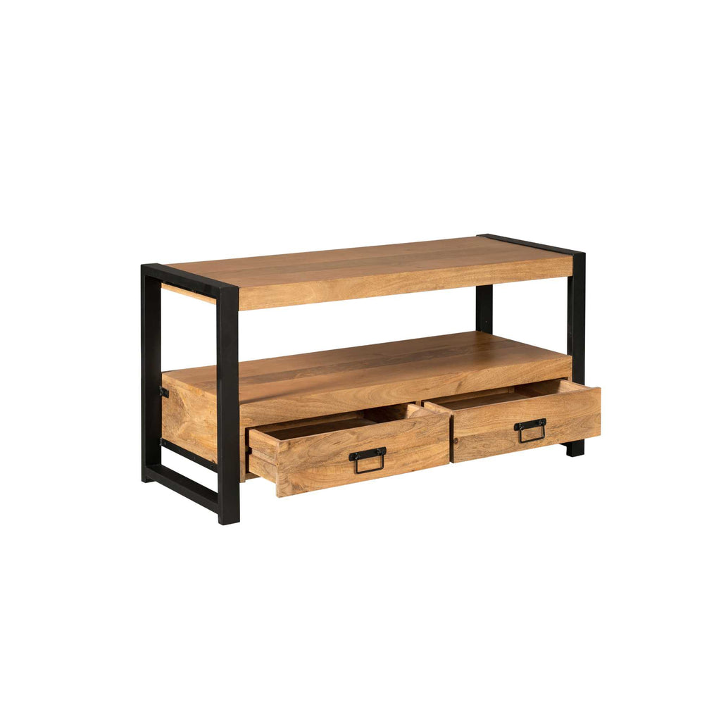 TV-Board Boaz – Lowboard aus Mangoholz mit schwarzen Lackstreifen, 2 Schubladen & offenem Fach, 120 x 45 x 60 cm