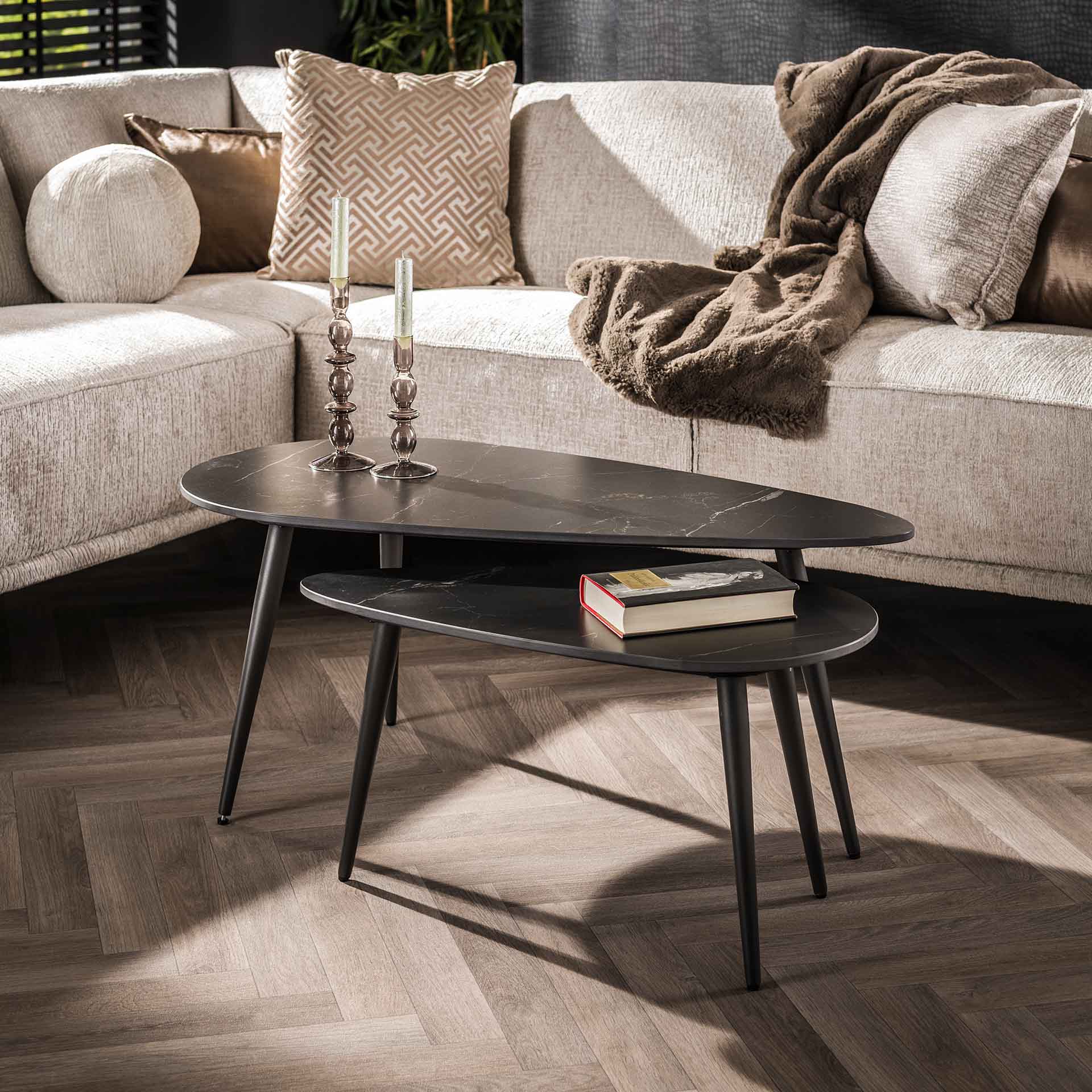 Couchtisch-Set Aveline Schwarz – 2er-Set Nierenform mit Keramikplatte & Metallgestell, modern & luxuriös, 100/70 x 50/35 x 40/35 cm