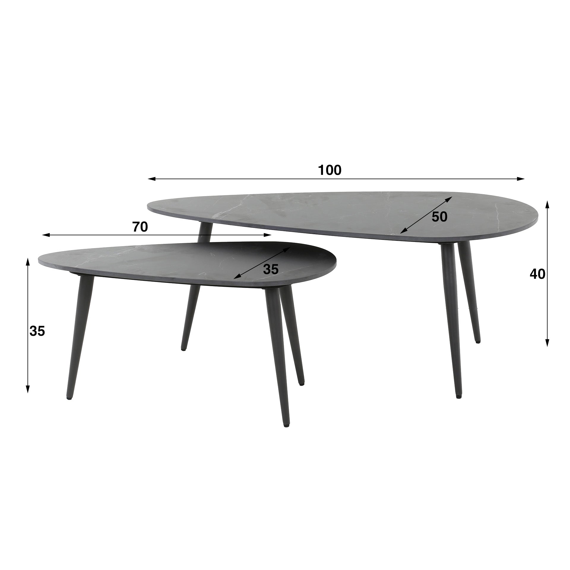 Couchtisch-Set Aveline Schwarz – 2er-Set Nierenform mit Keramikplatte & Metallgestell, modern & luxuriös, 100/70 x 50/35 x 40/35 cm