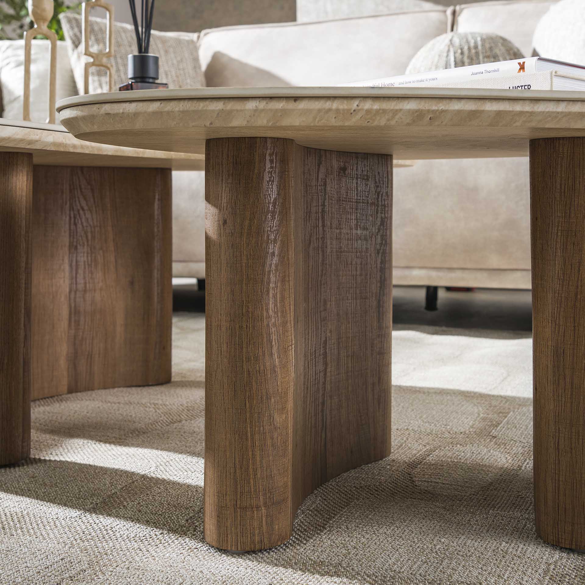 Couchtisch-Set Tivaro – 2 organische Tische mit Keramikplatte in Travertinoptik & Holzrahmen, 88 x 44 x 36 cm