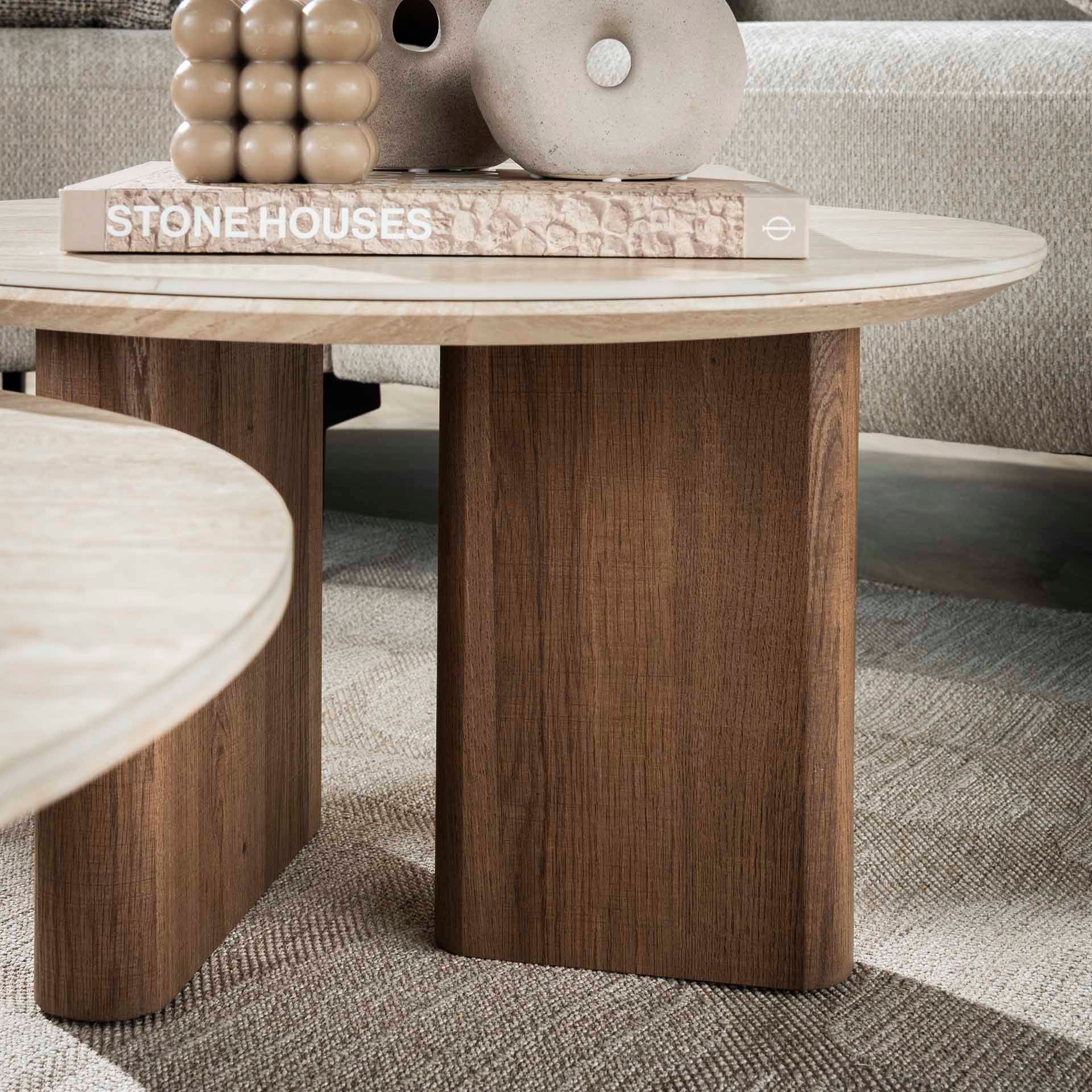Couchtisch-Set Tivaro – 2 runde Tische mit Keramikplatte in Travertinoptik & Holzrahmen, 76 x 76 x 30 cm