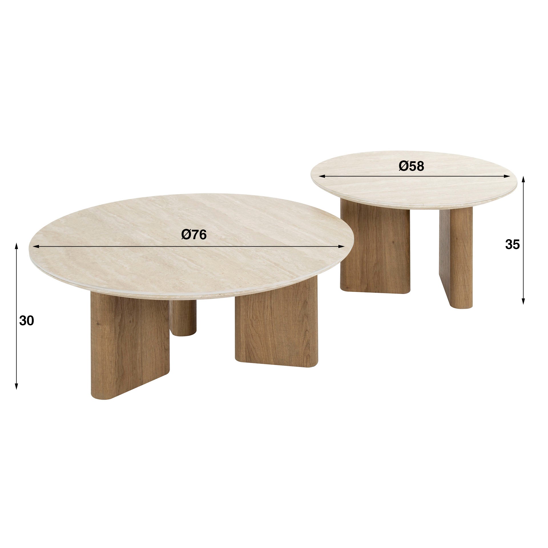 Couchtisch-Set Tivaro – 2 runde Tische mit Keramikplatte in Travertinoptik & Holzrahmen, 76 x 76 x 30 cm