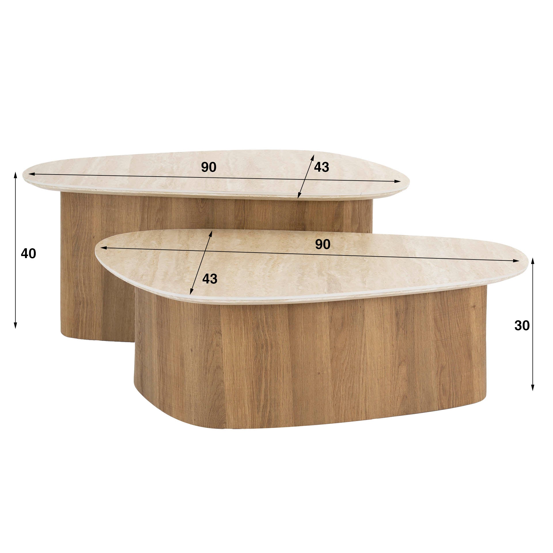Couchtisch-Set Tivaro – 2 dreieckige Tische mit Keramikplatte in Travertinoptik & Holzgestell, 90 x 43 x 40 cm