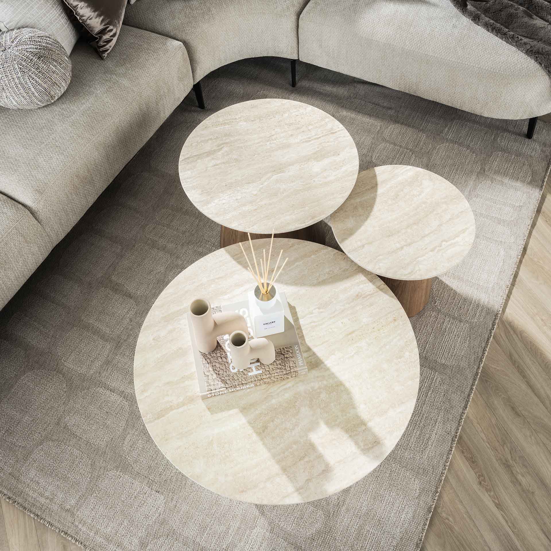 Couchtisch-Set Tivaro – 3 runde Tische mit Keramikplatte in Travertinoptik & Holzrahmen, 80 x 80 x 35 cm