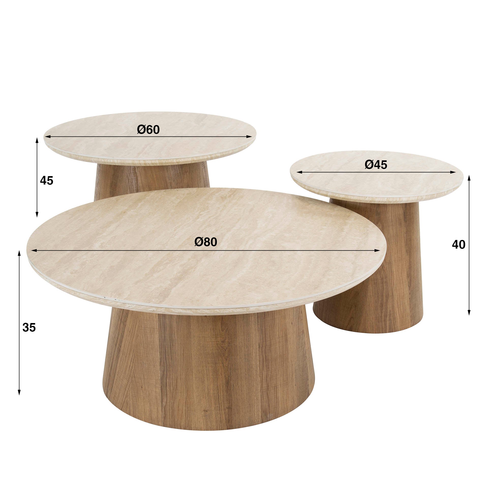 Couchtisch-Set Tivaro – 3 runde Tische mit Keramikplatte in Travertinoptik & Holzrahmen, 80 x 80 x 35 cm