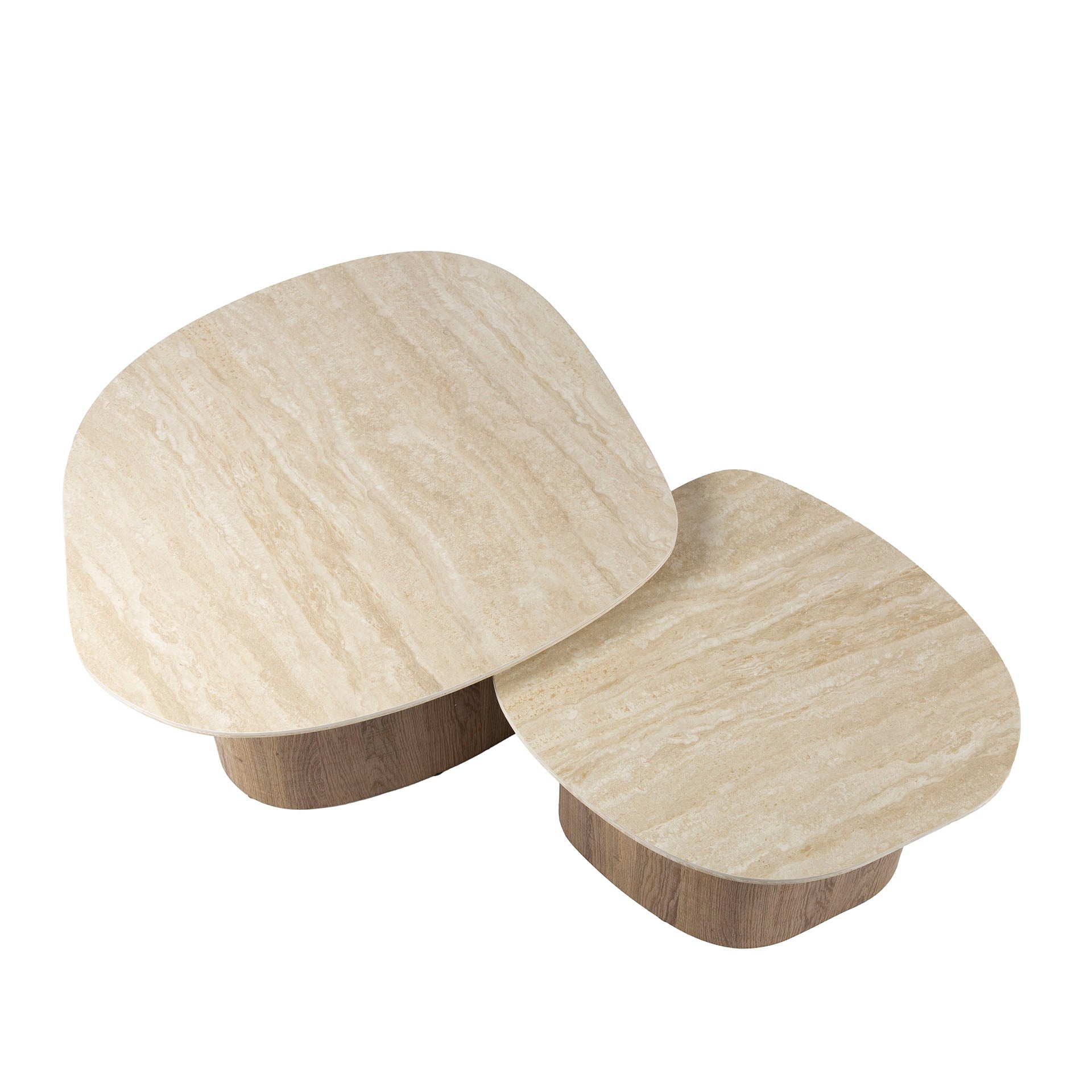 Couchtisch-Set Tivaro – 2 Tische in Kieselform mit Keramikplatte in Travertinoptik & Holzgestell, 85 x 79 x 40 cm