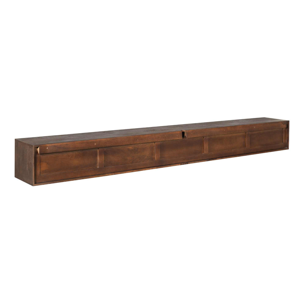 TV-Board Focus Braun schwebend – Massives Mangoholz, grifflos mit Push-to-Open, Wandmontage, 280 x 35 x 30 cm