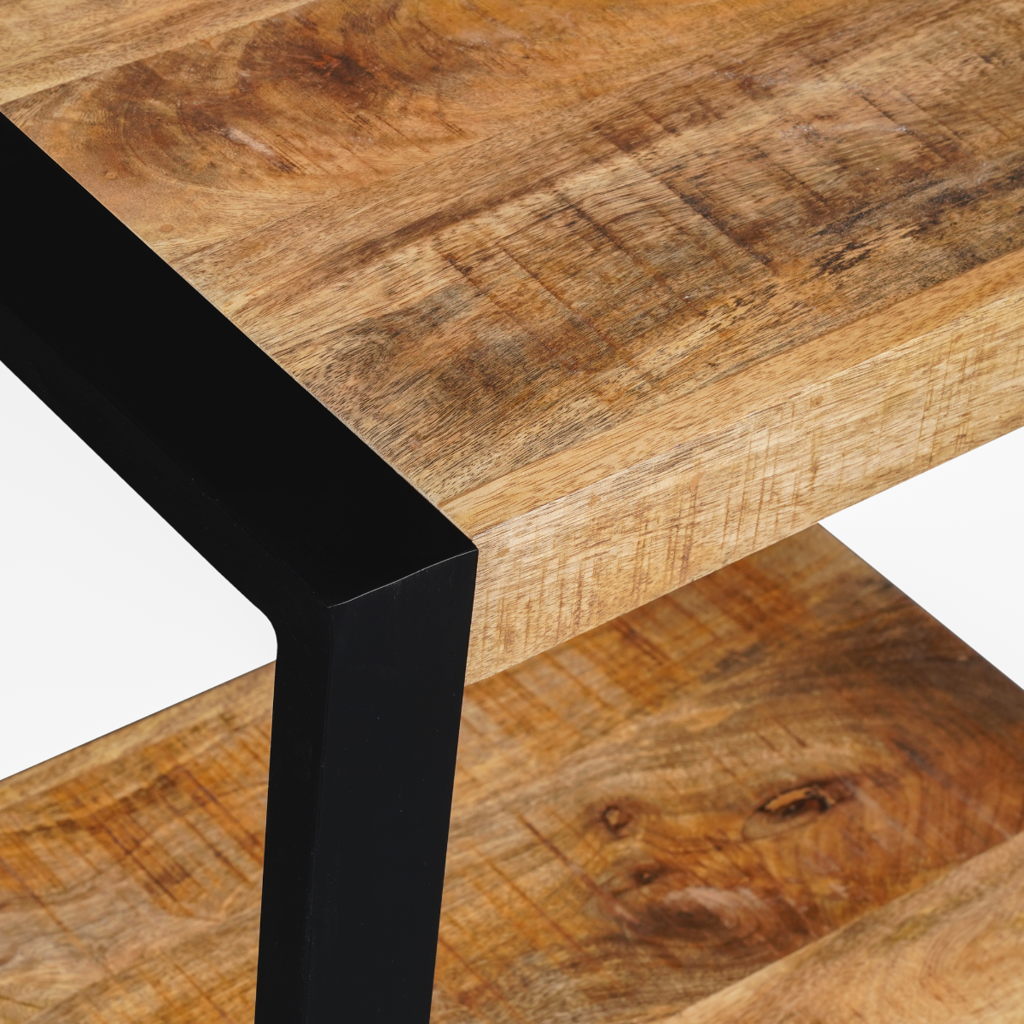 Beistelltisch Bori – Tisch aus Mangoholz & Metall mit Unterregal, klar lackiert, 60 x 60 x 45 cm