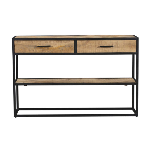 Beistelltisch Aloy – Mangoholz & Metall mit 2 Schubladen und Ablage, 120 x 35 x 76 cm, moderner Konsolentisch in Schwarz