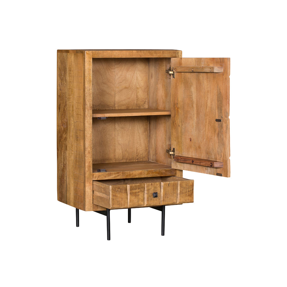 Highboard Jacky – Schrank aus Mangoholz mit geschnitztem Blockmuster & Metallgestell, 1 Tür & 1 Schublade, 60 x 40 x 103 cm
