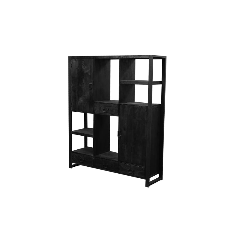 Bücherregal Bori Schwarz – Mangoholz, 4 Schubladen & Türen, 150 x 40 x 180 cm, modernes Stauraumwunder