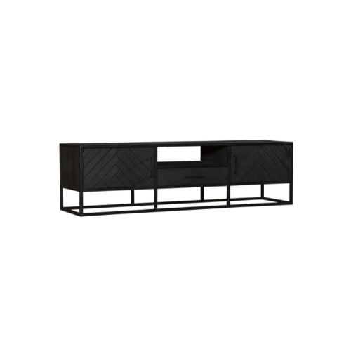 TV-Board Sydney Schwarz – Lowboard aus Mangoholz mit Fischgrätmuster & Stauraum, 180 x 45 x 50 cm