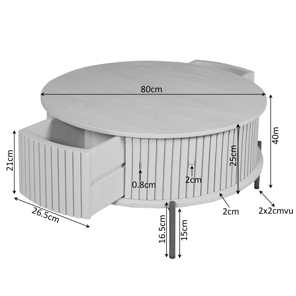 Couchtisch Mandy Braun Round – runder Mangoholz-Tisch mit 2 Schubladen & Lamellenmuster, 80 x 80 x 40 cm