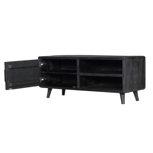 TV-Board Raven Schwarz – modernes Lowboard aus massivem Mangoholz mit 2 offenen Fächern & 1 Tür, stilvolles TV-Möbel 120 x 45 x 50 cm