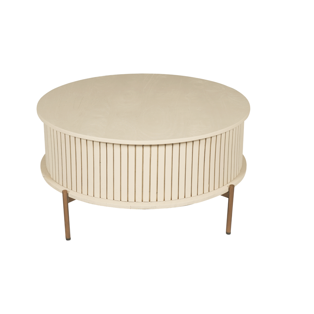 Couchtisch Mandy Sand 80x80x40 cm – Mangoholz mit Sandfinish, 2 Schubladen & bronzefarbenem Metallgestell