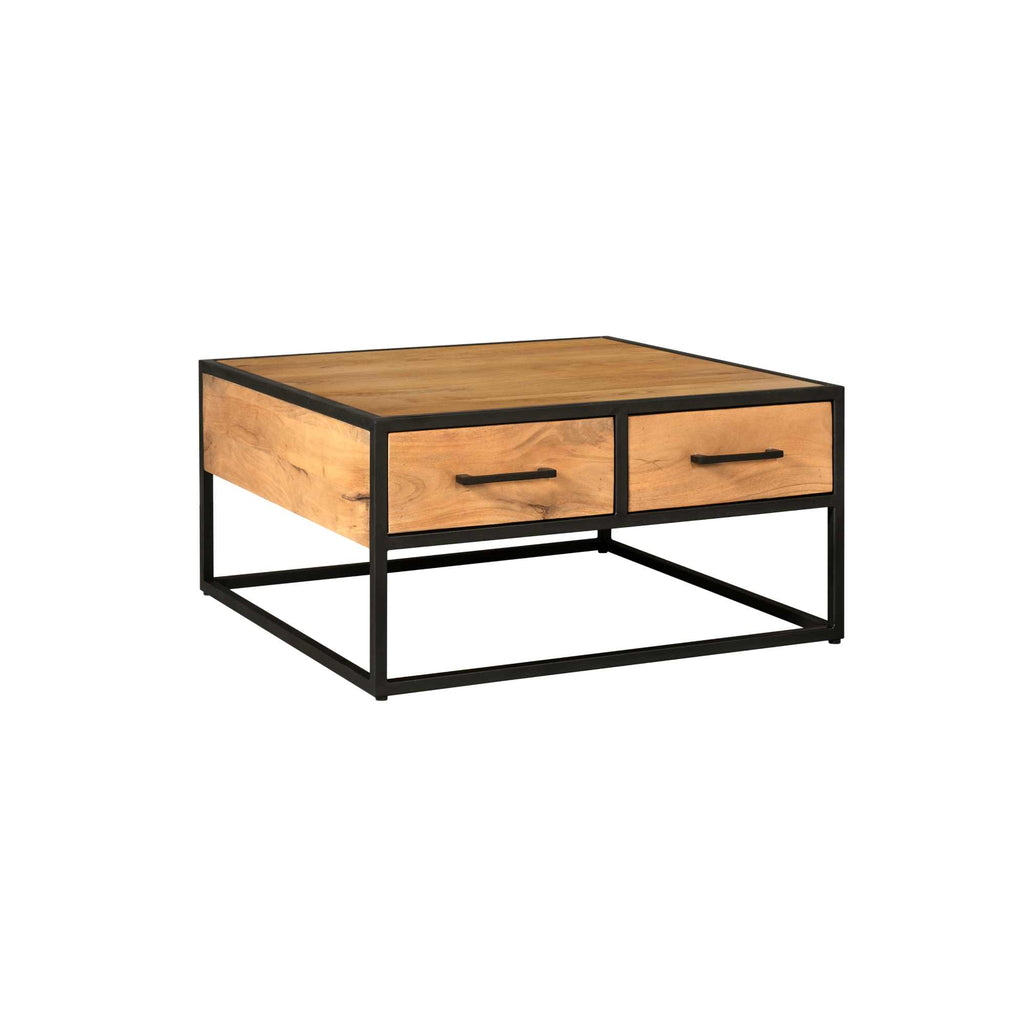 Couchtisch Delta Schwarz – Quadratischer Mangoholz-Tisch mit 4 Schubladen & Metallgriffen, 80 x 80 x 40 cm
