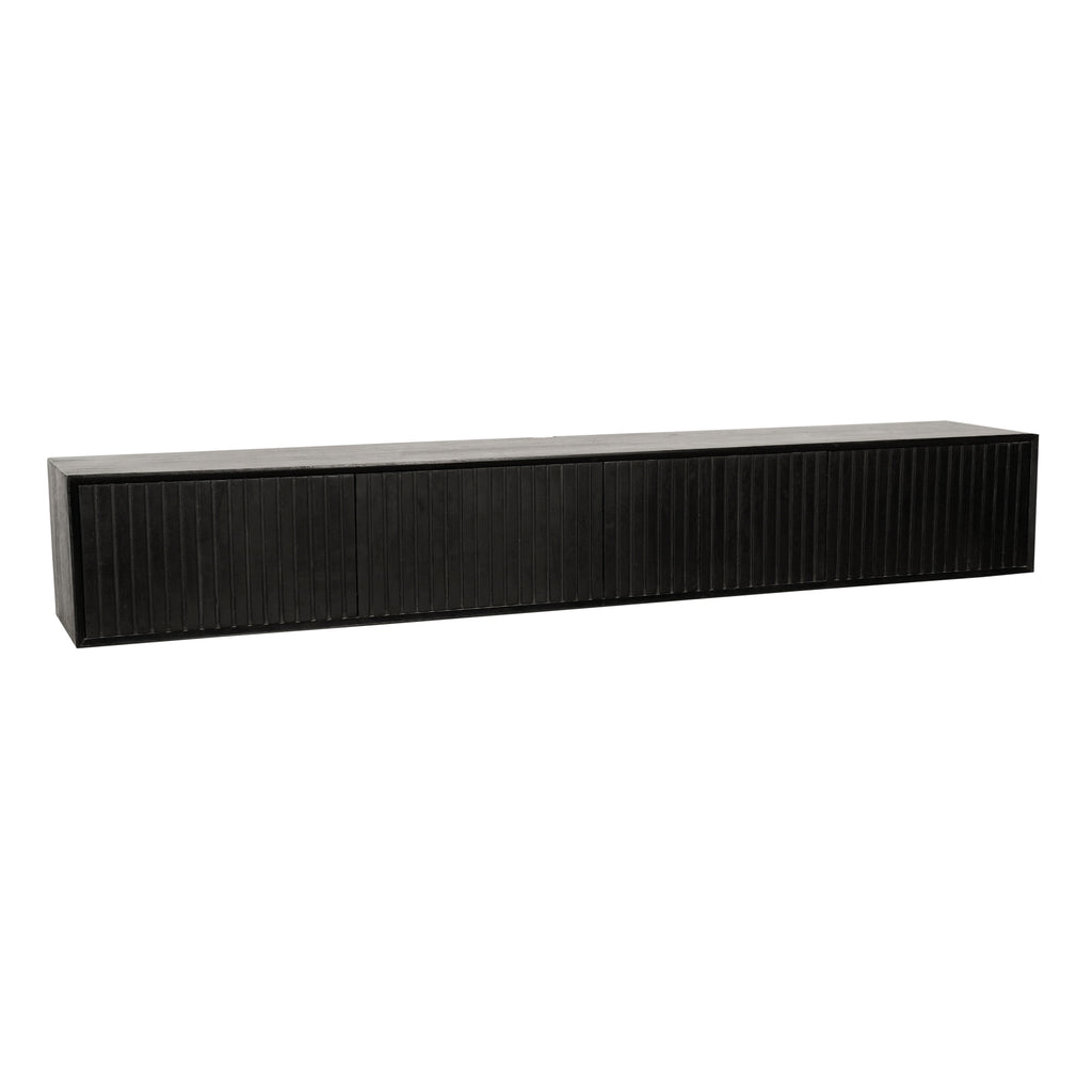 TV-Board Mandy Schwarz – schwebendes Lowboard aus Mangoholz mit Lamellen & Push-to-Open, 200 x 35 x 30 cm